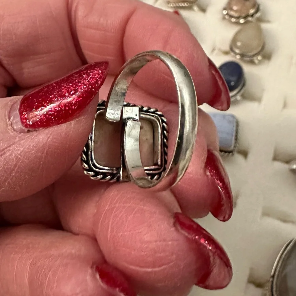 💕‎ Rhodochrosite dainty rectangle ring silver overlay adjustable hand crafted